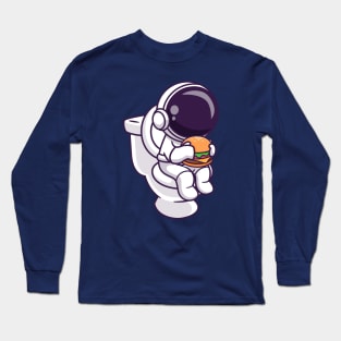 Cute Astronaut Eating Burger In Toilet Cartoon Long Sleeve T-Shirt